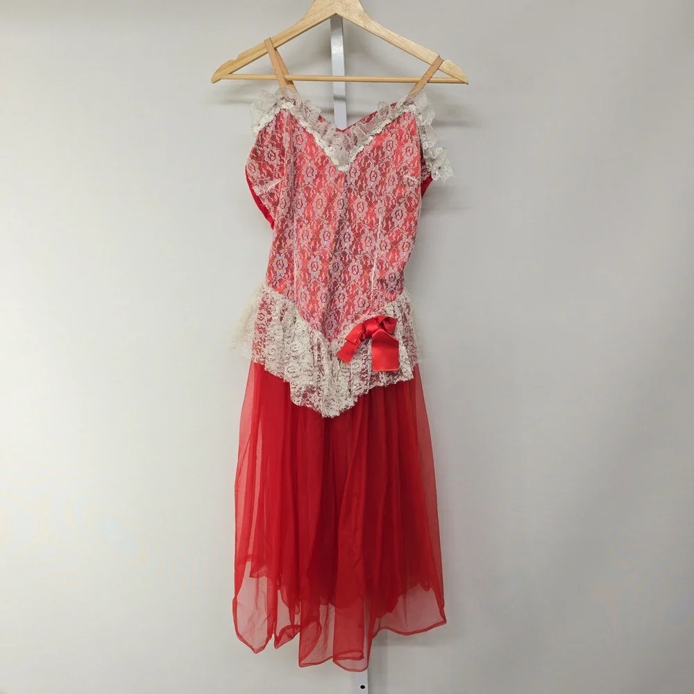 Curtain Call‎ Costumes Vintage Red Lace Tulle Ballet Dance Dress Women Size LT